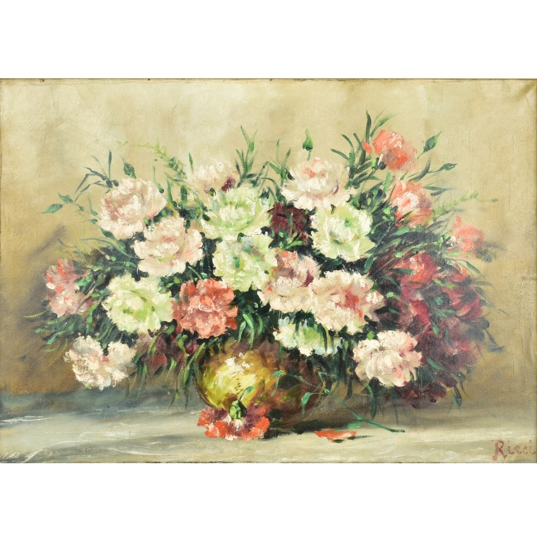 Oil on Canvas Still Life: Oil on Canvas Still Life of Flowers Arraigned in a Vase. Signed "Ricci" bottom right hand corner. Image area measures: 19-1/2" high, 27" wide, frame measures: 22-1/2" wide, 42" wide. Kodner Galleries
