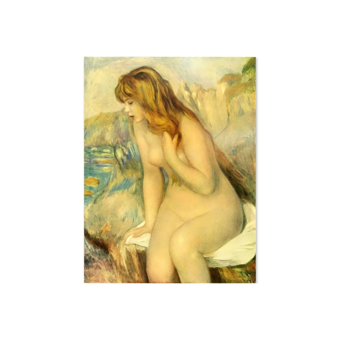 After: Pierre Renoir, French (1841-1919): After: Pierre Renoir, French (1841-1919) "Blond Bather Sitting on a Rock" Print Signed and Numbered 45/350 Lower. Measures 19-1/4" H x 15-1/2" W (sight), frame measures 26" H x 22" W. Kodner Galleries