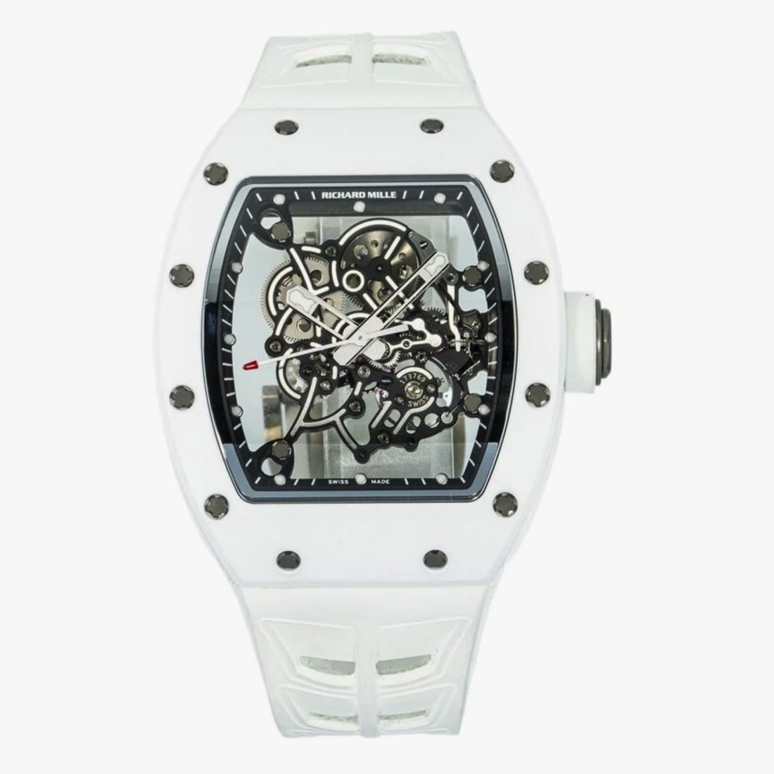 Richard Mille RM 055: Richard Mille Bubba Watson RM055 Watch. White ceramic case and white rubber bracelet. Skeletonized manual wind movement. Case measures 49.9 x 42.7mm. Complete with box and papers. Kodner Galleries off