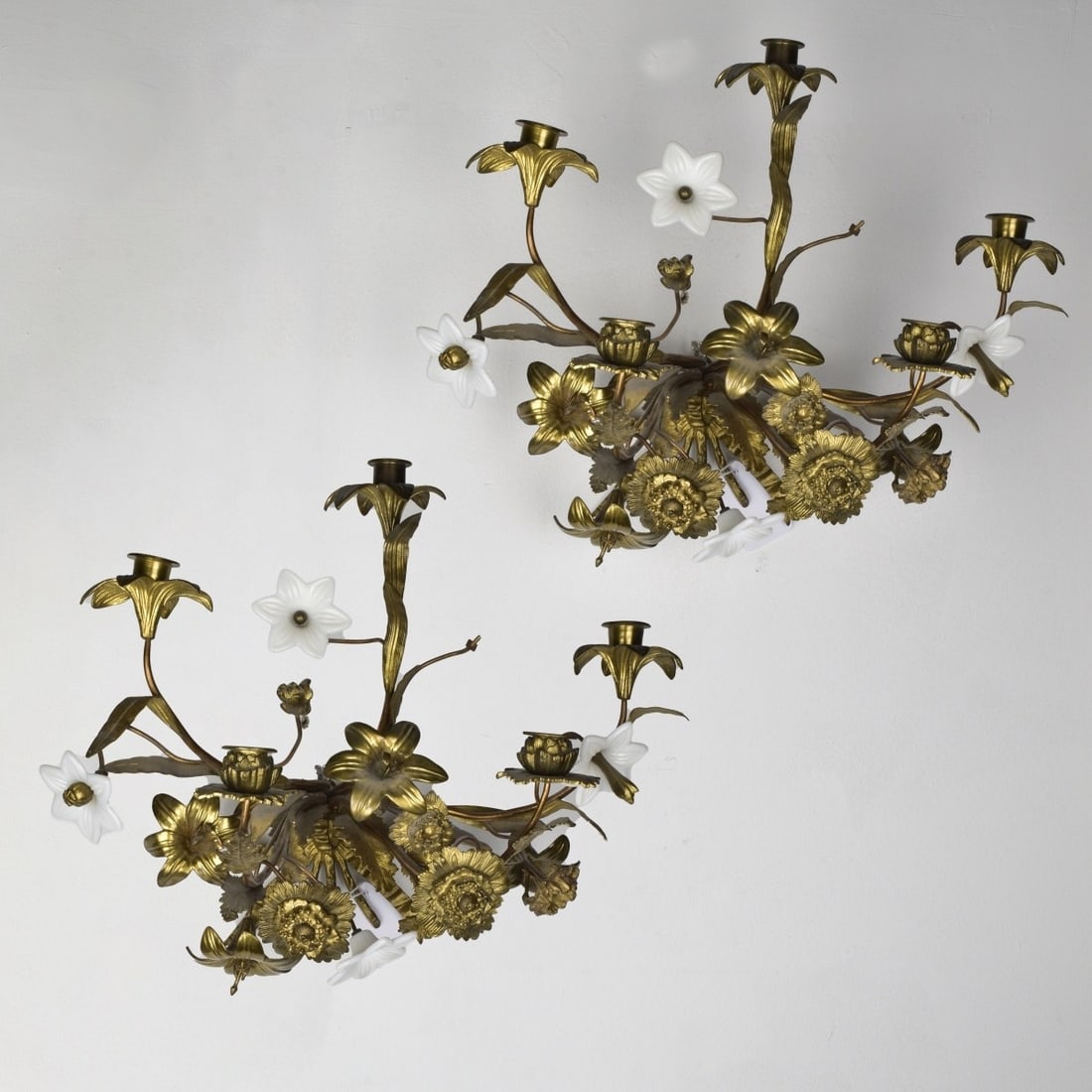 Italian Porcelain and Bronze Sconces: Pair of Antique Italian Porcelain and Bronze Five (5) Light Wall Sconces. Sculptured with white porcelain flowers and gilded bronze flowers, leaves and ribbons. Measures: 15-1/2" H, 19-1/2" W, 10-1/2"