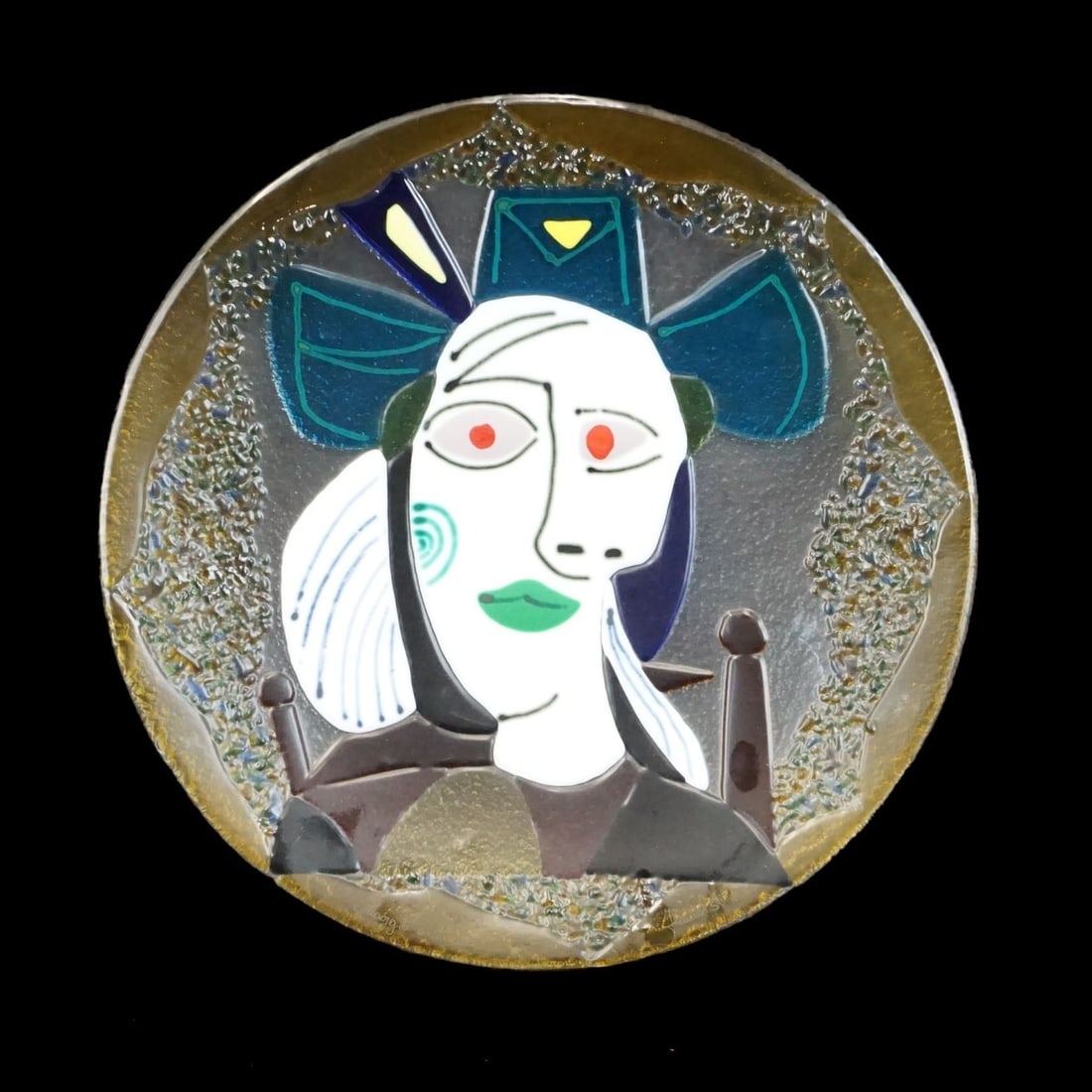 "Homage to Picasso" Bowl: Palace Size Italian "Homage to Picasso" Art Glass Centerpiece Charger by Franco. Signed. Measures 19-1/2". Kodner Galleries offers phone and absentee bidding at a low, flat 21% buyer’s premium witho