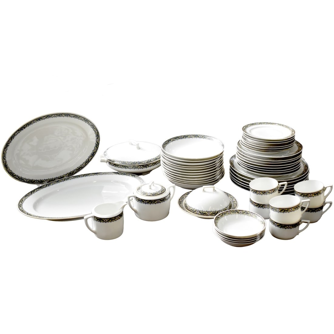 Union T Czechoslovakia Tableware: Fifty-nine (59) Pieces Union T Czechoslovakia Porcelain Tableware Service. Consisting of 6 dinner plates, measures: 9-3/4" diameter, 8 salad plates, measures: 8" diameter, 7 fruit/butter plates, measu