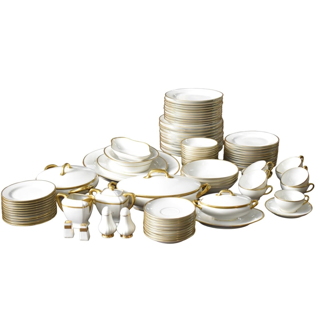 Limoges France Dinner Service: Limoges France Elite Works Dinner Service in White Porcelain with Gold Rims. Including: 11 dinner plates, measures: 9-5/8" diameter, 11 salad plates, measures: 8-3/4" diameter, 11 fruit/bread plates,