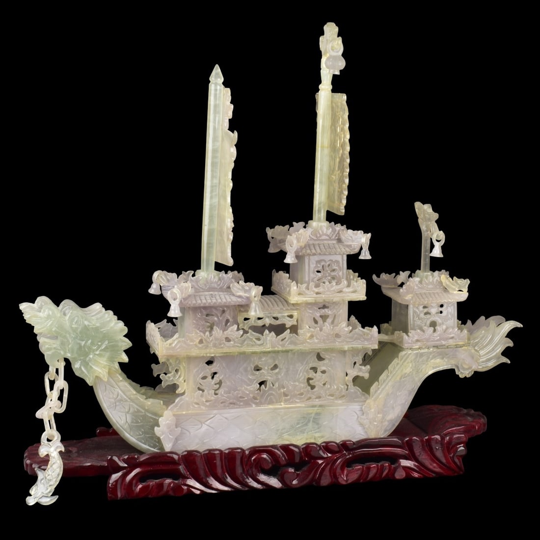 Chinese Jade Dragon Boat: Chinese Carved Jade Double Dragon Multi-tiered Boat Sculpture with a Custom Wood Base. Boat measures: 19-1/2: high, 23-1/2" long, 4" wide, base measures: 2-1/4" high. Kodner Galleries offers phone and