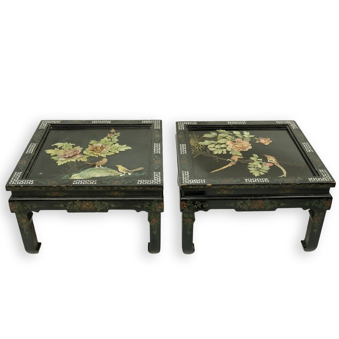 Chinese Side Tables: Pair of Chinese Black Lacquered and Hardstone inlaid Side Table with Folding Legs. Mother of pearl and gilt scroll accents. Measures 16" H x 26' squared. Kodner Galleries offers phone and absentee bid
