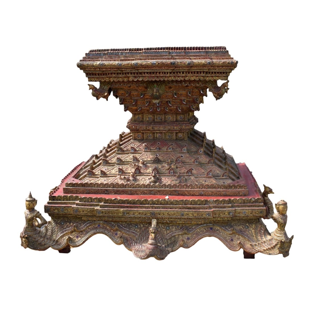 Antique Burmese Altar Throne / Pedestal: Palace Size Antique Burmese Red and Gilt Lacquered Painted Wooden Altar Throne / Pedestal. Decorated with with inset mirrored glass embellishments and flanked by figures. Measures 44-1/2" x 55-1/2" x