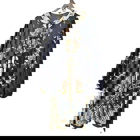 18/19C Chinese Silk Embroidered Robe: 18/19th Century Chinese Multi-Colored Blue Silk Embroidered Robe. Decorated floral patterns with scrolling sea. Round neck panel, fastening down the front, measures 65" L, sleeve to sleeve 49" W, unde