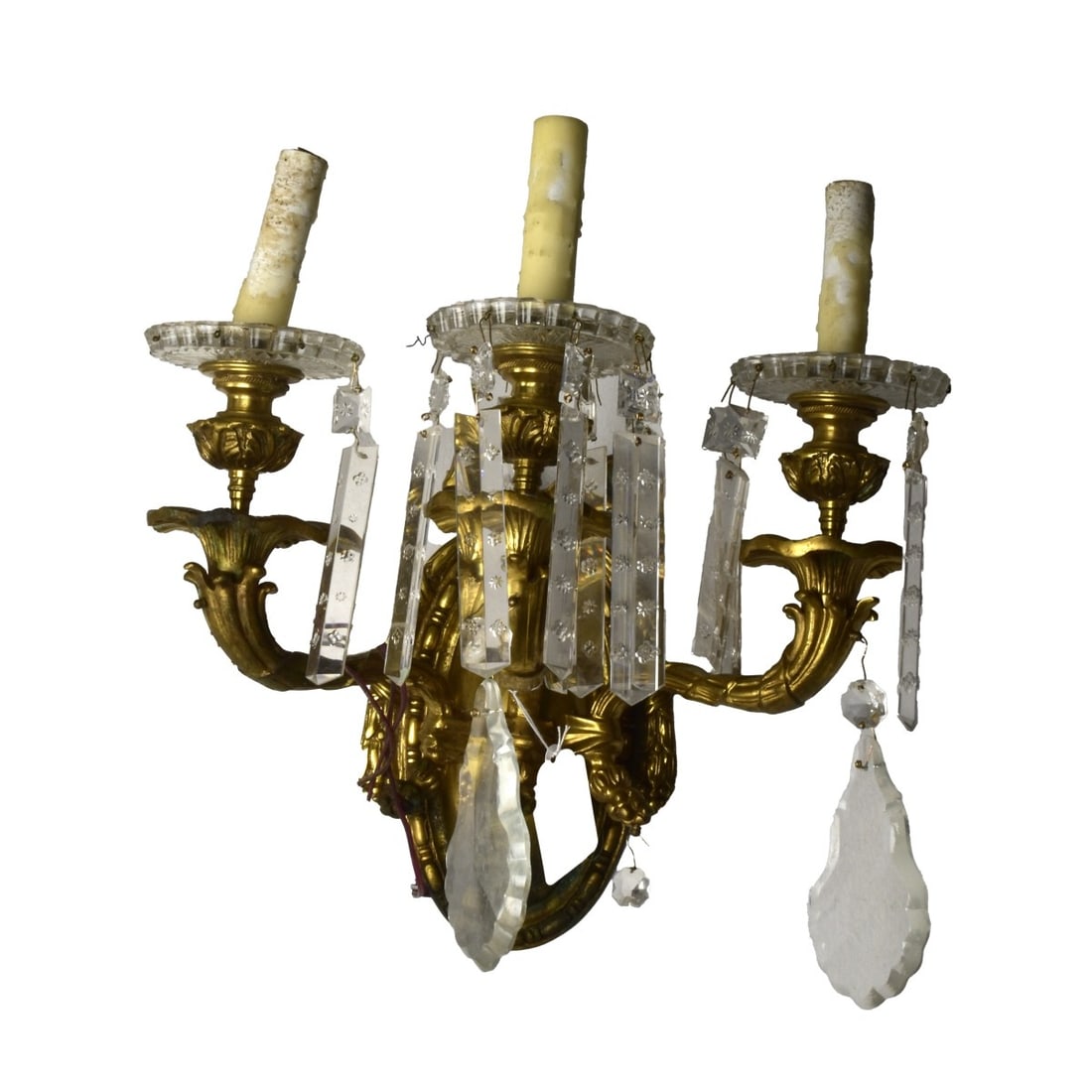 Antique Louis XVI Style Bronze Sconce: Antique Louis XVI Style Gilt Bronze Three-Arm Sconce with Hanging Prisms. Measures 16-3/4" x 15-1/2" x 9-1/4". Kodner Galleries offers phone and absentee bidding at a low, flat 21% buyer’s premium w