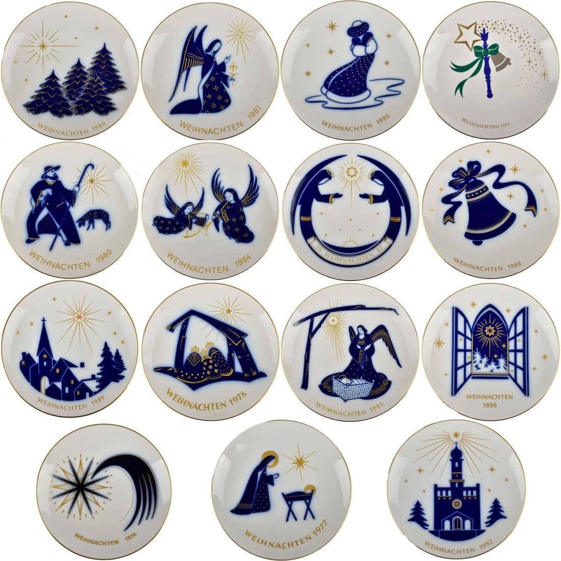 KPM German Porcelain Christmas Plates: Fifteen (15) KPM German Porcelain Christmas Plates. Various scenes and years. Measures: 1" high, 7-1/4" diameter. Kodner Galleries offers phone and absentee bidding at a low, flat 21% buyer’s premiu