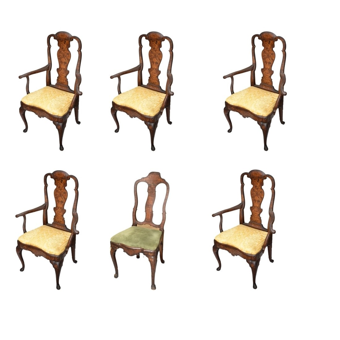 Antique Queen Anne Dining Chairs: Lot of Seven Antique Queen Anne Marquetry Inlaid Upholstered Dining Chairs. Includes two armchairs and five side chairs. Armchairs measure 43-1/2" x 30-3/4", seat height 19". Side chairs measure 41-1/