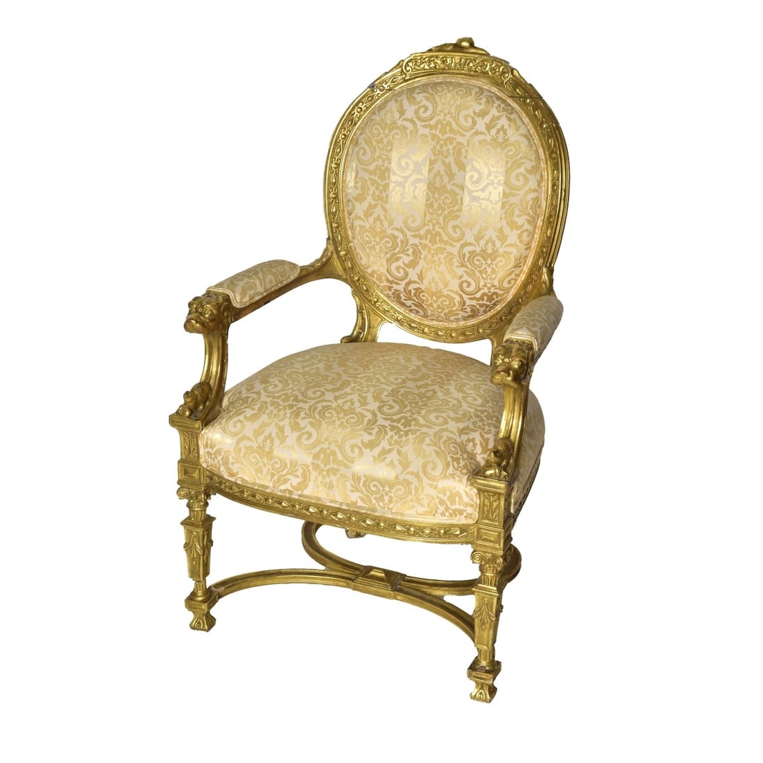 Antique Gilt Wood Figural Carved Arm Chair: Unusual Antique Gilt Wood Carved Arm Chair with figural Cat arms and mouse to bottom of arms. Carved Gilt Wood back and legs. Measures 42" H to snail top, 25-1/4" W from mouse to mouse, 23" deep from