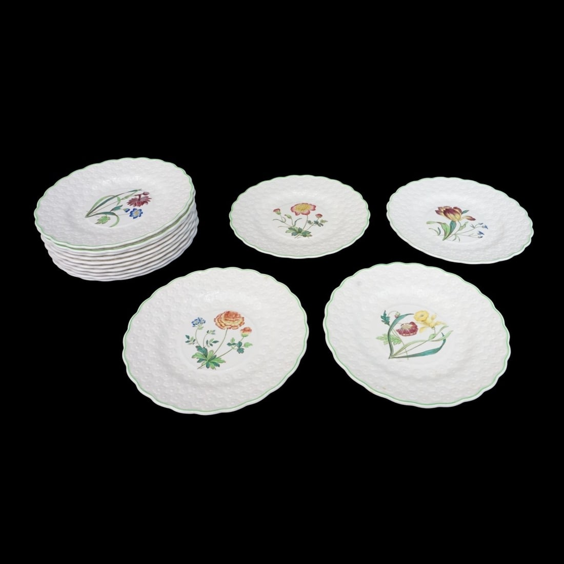 Copeland Spode Plates: Set of Fourteen (14) Copeland Spode Porcelain Plates. Artist signed on the scenes and marked on the obverse side. Eight plates are in a different pattern. Measures 9-1/4". Kodner Galleries offers phon