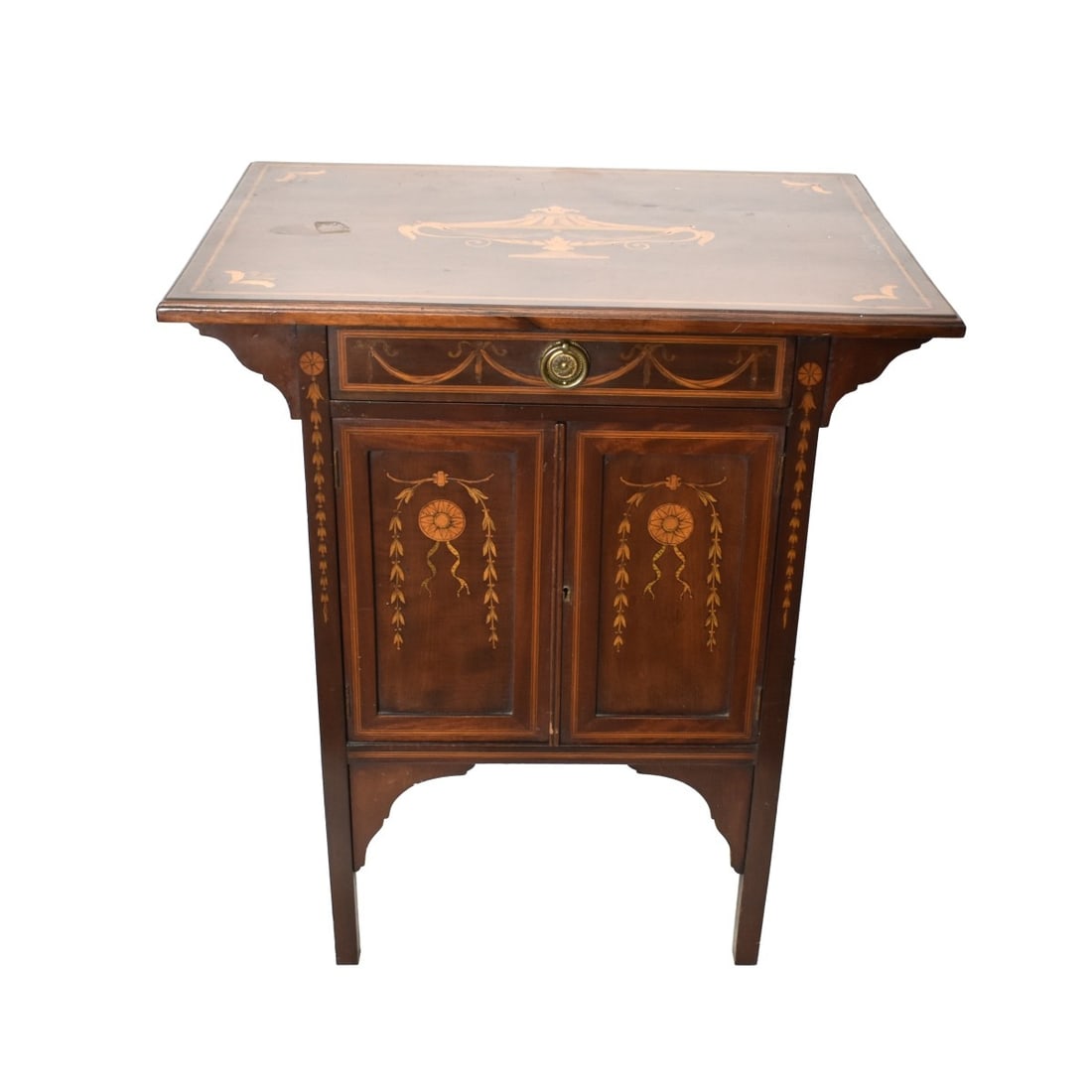 Antique English Victorian Table: Antique English Victorian Inlaid Side Table, with Slide out Drawer and Two Swing Doors. Mid to late 19th century. Measures: 26" H, 24" W, 18" D. Kodner Galleries offers phone and absentee bidding at a