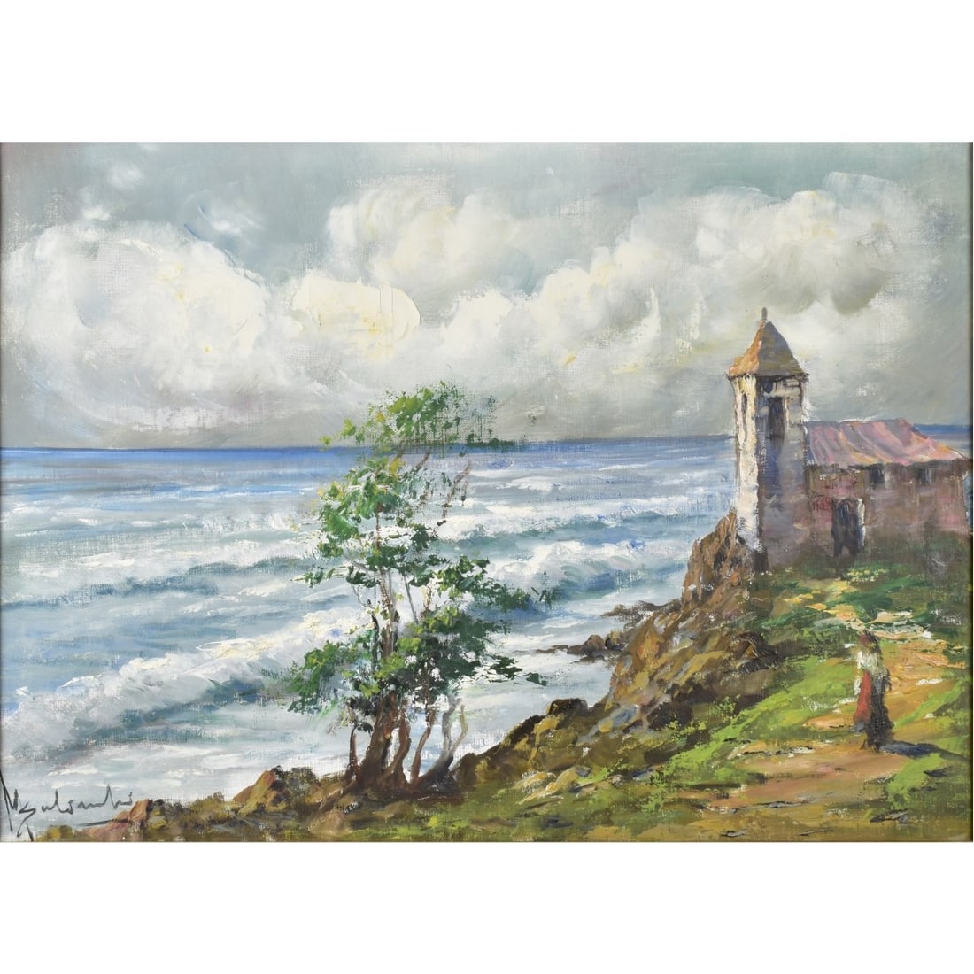 Large Oil on Canvas Still Life: Large Oil on Canvas of a Seaside with a Home at the Cliffs Edge and a Woman Walking on a Path. Artist signed bottom left hand corner, measures: 19" high, 27" wide, frame measures: 24" high, 31" wide.