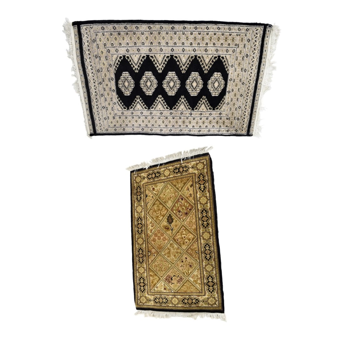 Vintage Wool Rugs: Two (2) Vintage Wool Rugs. One (1) stained glass design, measures: 41' x 25" and one (1) Pakistani Bokhara rug, measures: 49" x 32". Kodner Galleries offers phone and absentee bidding at a low, flat 2