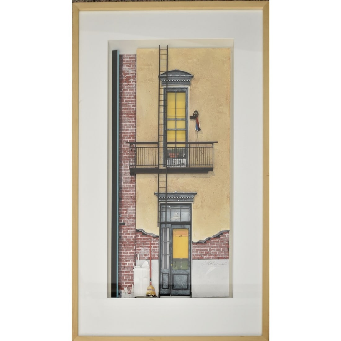 Three Dimensional Modern Art Work: Three Dimensional Modern Art Work Depicting a Alley with Fire Escape Scene in a Display Frame. Signed and dated. Image area measures: 30" high, 14-1/2" wide, frame measures: 41"high, 23" wide. Kodner