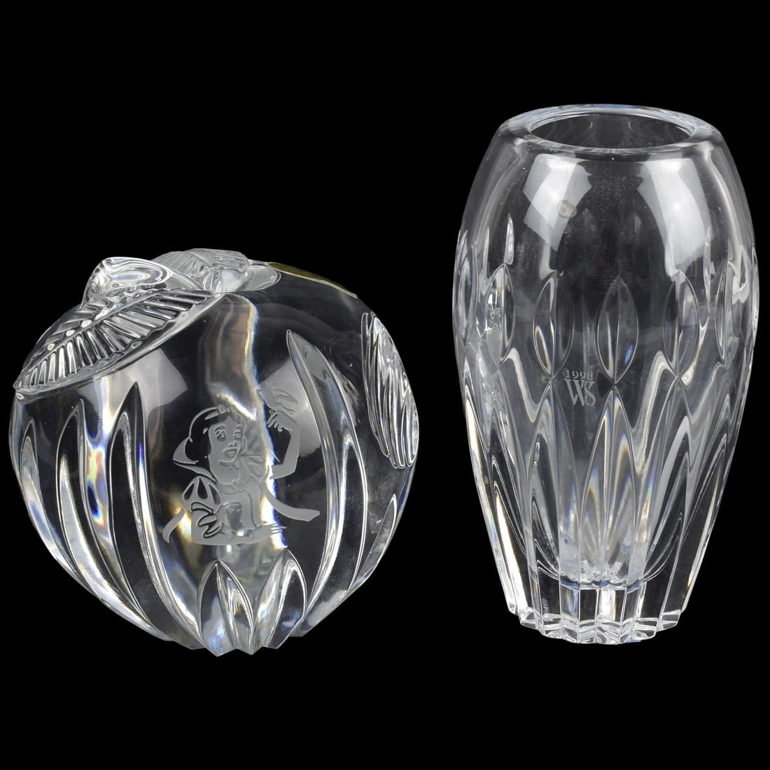 Waterford Cut Crystal Pieces: Two (2) Waterford Cut Crystal Pieces. Consisting of one (1) Disney Snow White Apple with engraved Snow White and Queen Grimhilde to the sides, acid etched "Waterford Disney" to the bottom, measures: 3
