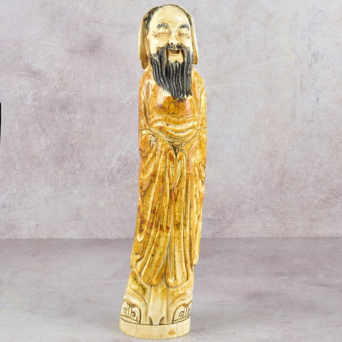 Antique Chinese Carved Sculpture: Antique Chinese Carved Immortal Sculpture of Shao Lao. Signed to the bottom. Measures: 13-1/2" high, 2-3/4" wide, 2-1/4" deep. We Will Not Ship This Item Outside of the State of Florida. Anyone Having