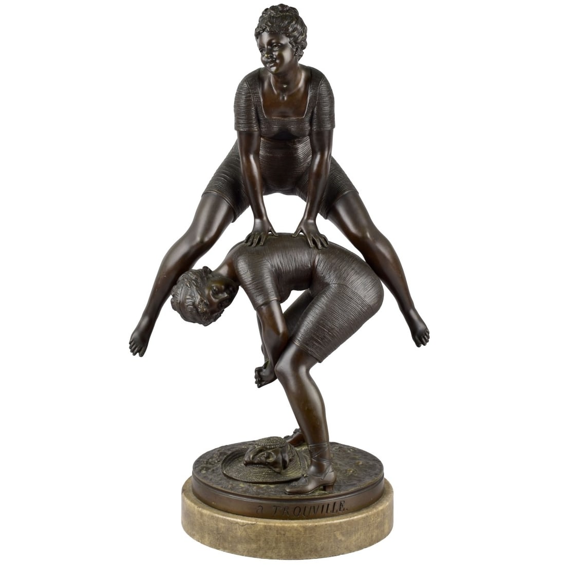Ernest Rancoulet, France (1870-1915): Ernest Rancoulet, France (1870-1915) "A Trouville" Bronze Sculpture of Two (2) Young Women Wearing Bathing Suites on a Beach Playing Leapfrog Standing on Sand and Seashells. Signed "Rancoulet" and
