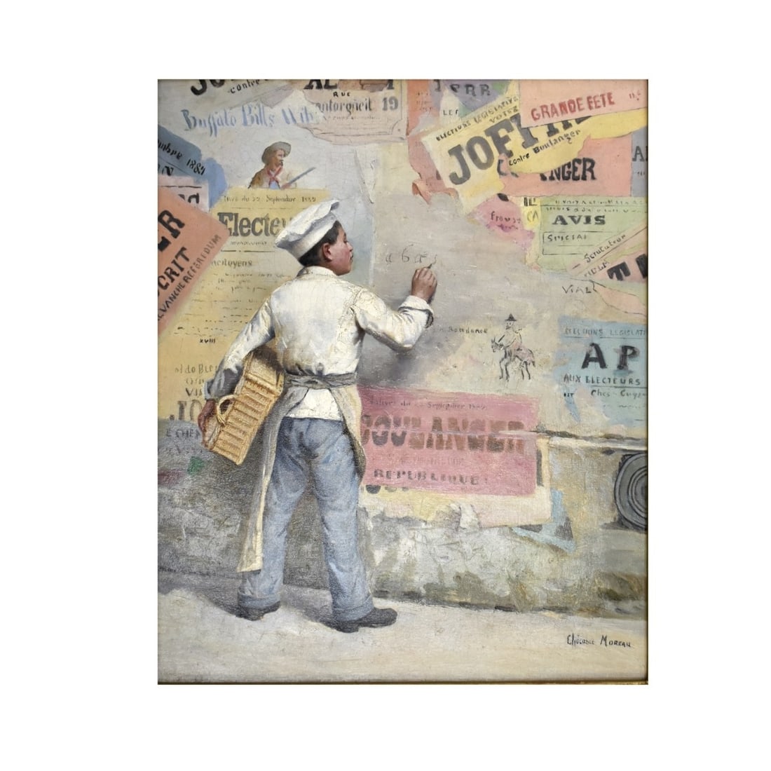 Paul-Charles Chocarne Moreau, French (1855-1931): Paul-Charles Chocarne Moreau, French (1855-1931) Oil on Canvas of a Young Boy Painting a Wall. Untitled. Artist signed lower right-hand corner. Viewing area measures:17-1/2" H, 14-1/2" W, frame