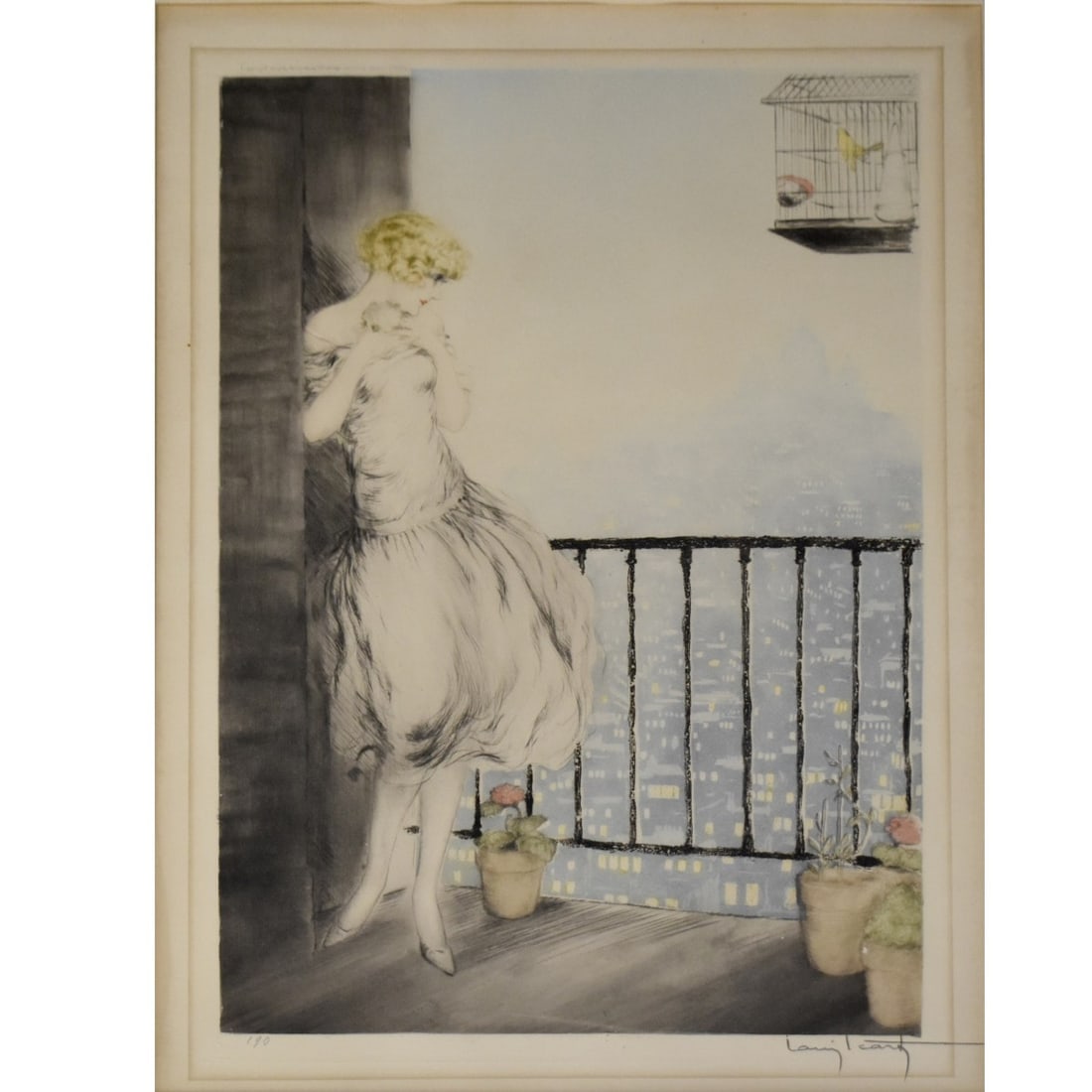 After Louis Icart, French (1888-1950): After Louis Icart, French (1888-1950) "Young Woman with Bird on a Balcony" Circa 1924. Colored lithograph signed in the plate and numbered "190" with publishers blind embossed seal. Oval image