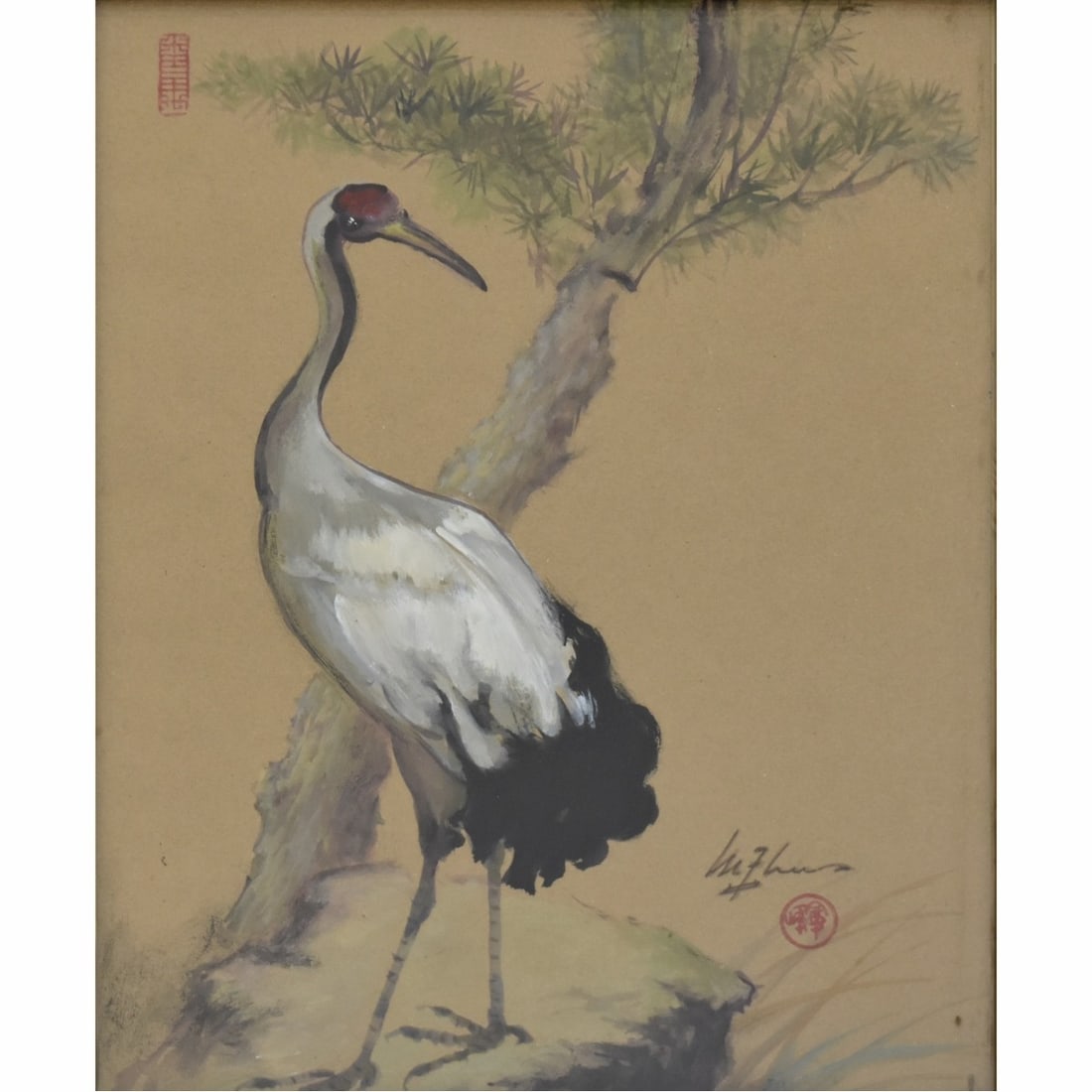 Lee Man Fong, Indonesian (1913-1988): Lee Man Fong, Indonesian (1913-1988) "Proud Rooster on a Rock" Antique Japanese Watercolor Painting of a Large Crane with Red Crown Standing on a Rock. Signed bottom right hand corner also marked to t