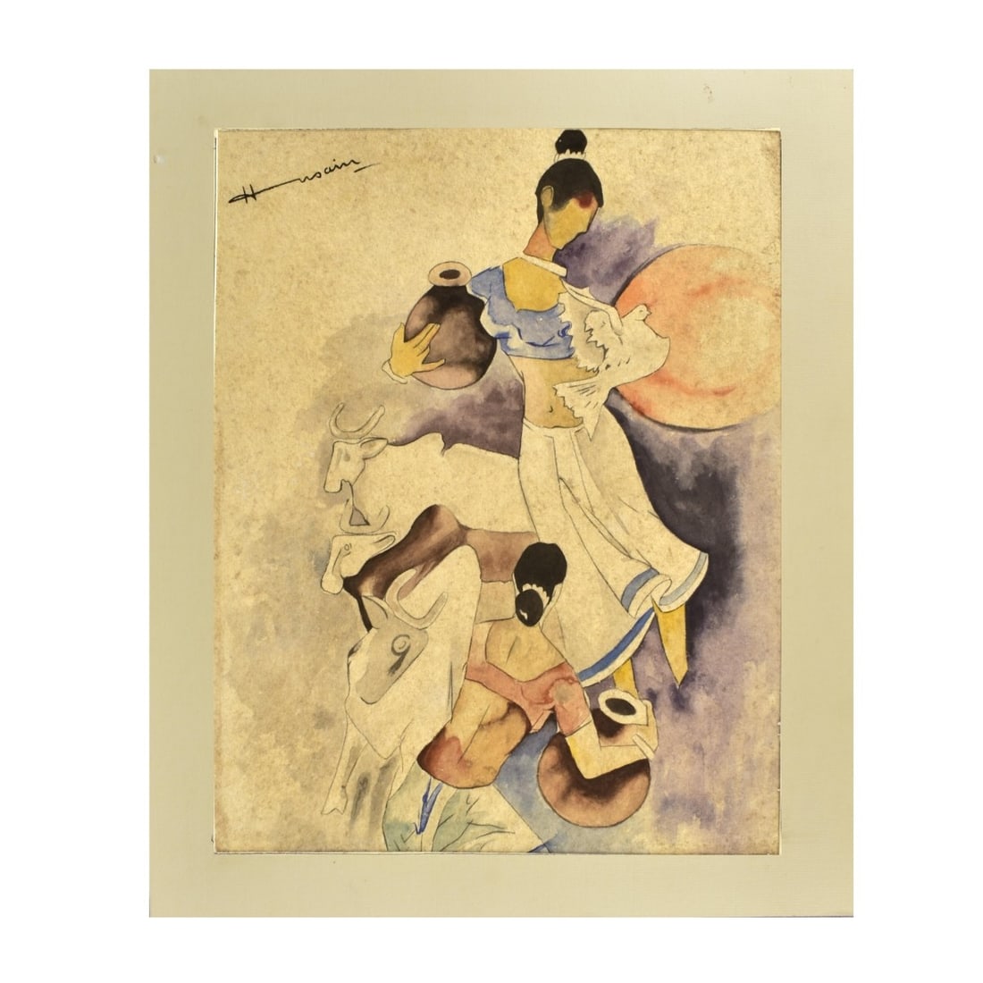 Maqbool Fida Husain, Indian (1911-2011): Attributed to Maqbool Fida Husain, Indian (1911-2011) Watercolor on Wove Paper of a Group of Two (2) Female Figures Holding Jugs with Two (2) Cows and a Flying Dove. Artist signed top left hand