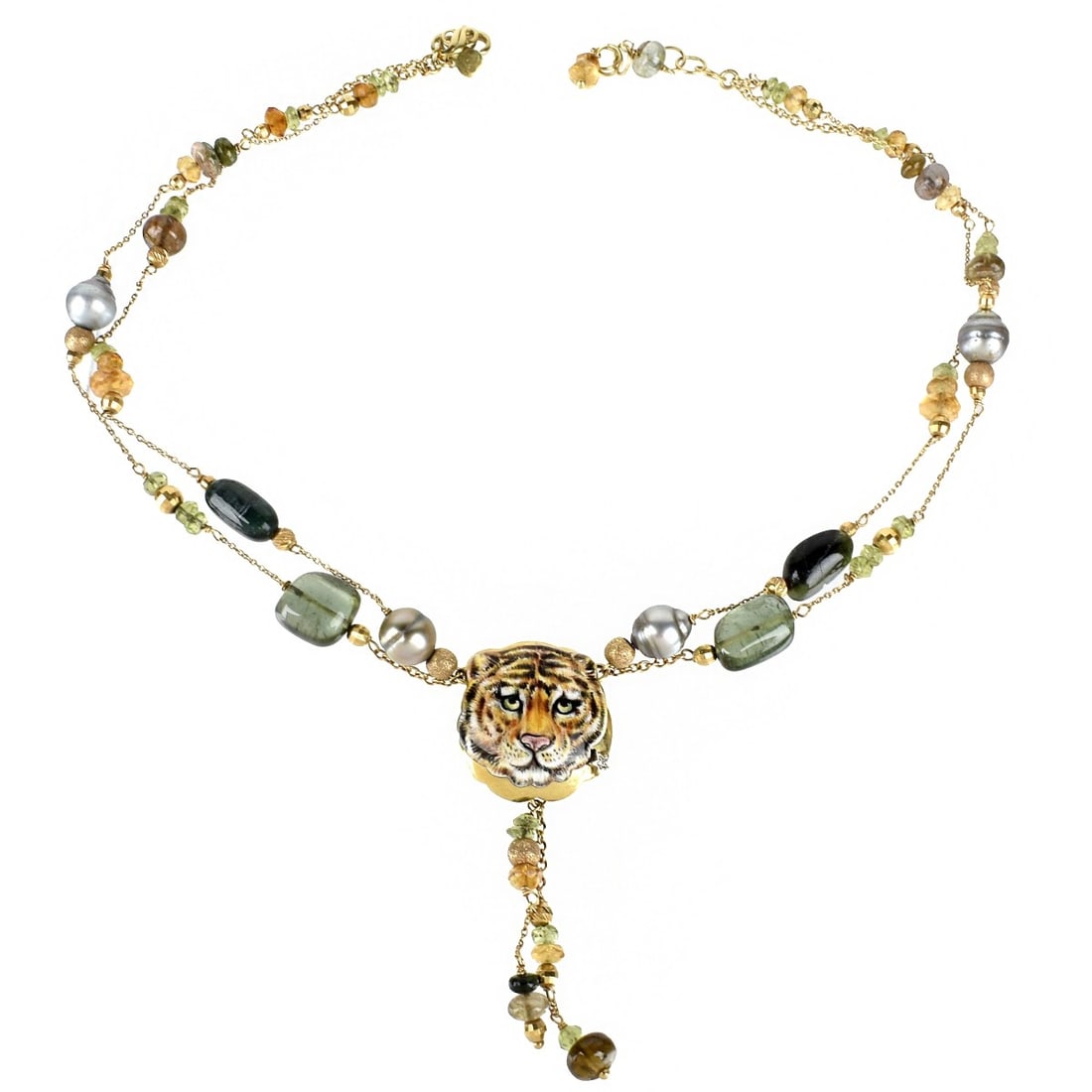 Tourmaline, Pearl, Enamel and 18K Necklace: Vintage Gabriella Rivalta Italian 18 Karat Yellow Gold, Enamel, Tourmaline Bead, Citrine Bead, Peridot Bead and Pearl Tiger Pendant Necklace. Signed, stamped 750. Measures 16" L, 2-3/4" pendant drop.