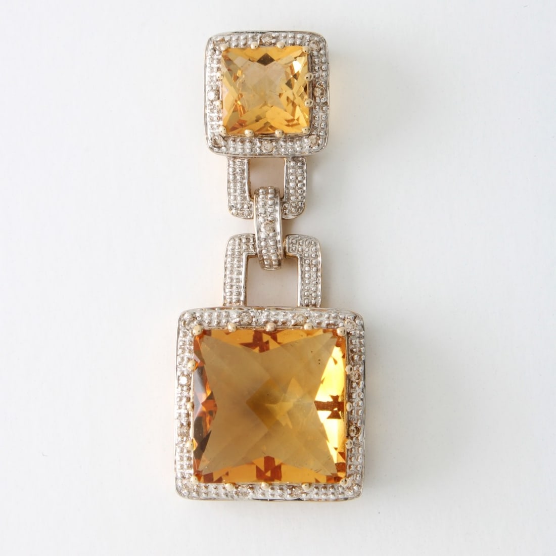 Citrine, Diamond and 14K Pendant: Vintage Rose Cut Square Citrine and 14 Karat Yellow and White Gold Pendant Accented with Small Round Cut Diamonds. Citrines with vivid color. Larger citrine measures 14.5 x 14.5mm. Signed FP, stamped