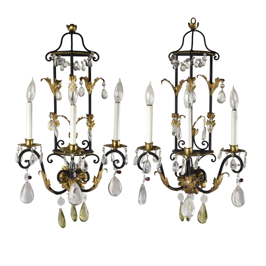 Pair of Mid-century Sconces: Pair of Mid-century Tole Three (3) Light Electric Wall Sconces. Measures: 26" high, 15" wide, 9-1/2" deep. Kodner Galleries offers phone and absentee bidding at a low, flat 21% buyer’s premium
