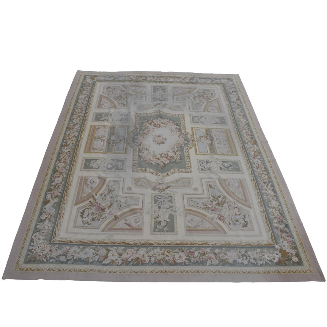 French Aubusson Flat Weave Rug: Large French Aubusson Flat Weave Area Rug Neutral Tones. 20th century. Measures: 148" x 108". Kodner Galleries offers phone and absentee bidding at a low, flat 21% buyer’s premium without surcharge