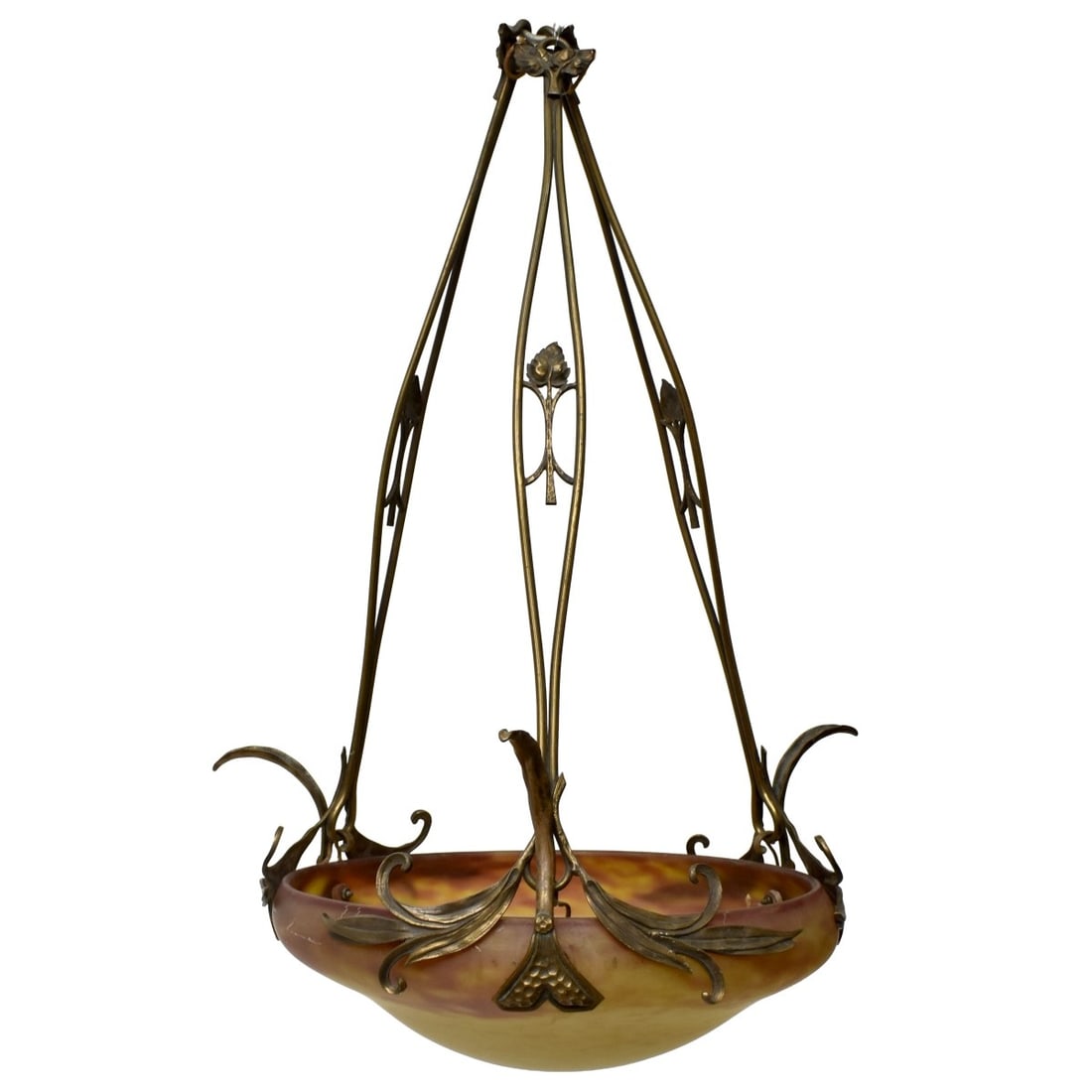 Daum Nancy French Art Nouveau Chandelier: Daum Nancy French Art Nouveau Glass and Gilt Bronze Pendant Chandelier with Three (3) Hanging Arms. Engraved Daum Nancy with the Cross of Lorraine to the Shade. Shade measures: 5-3/4" high, 17"