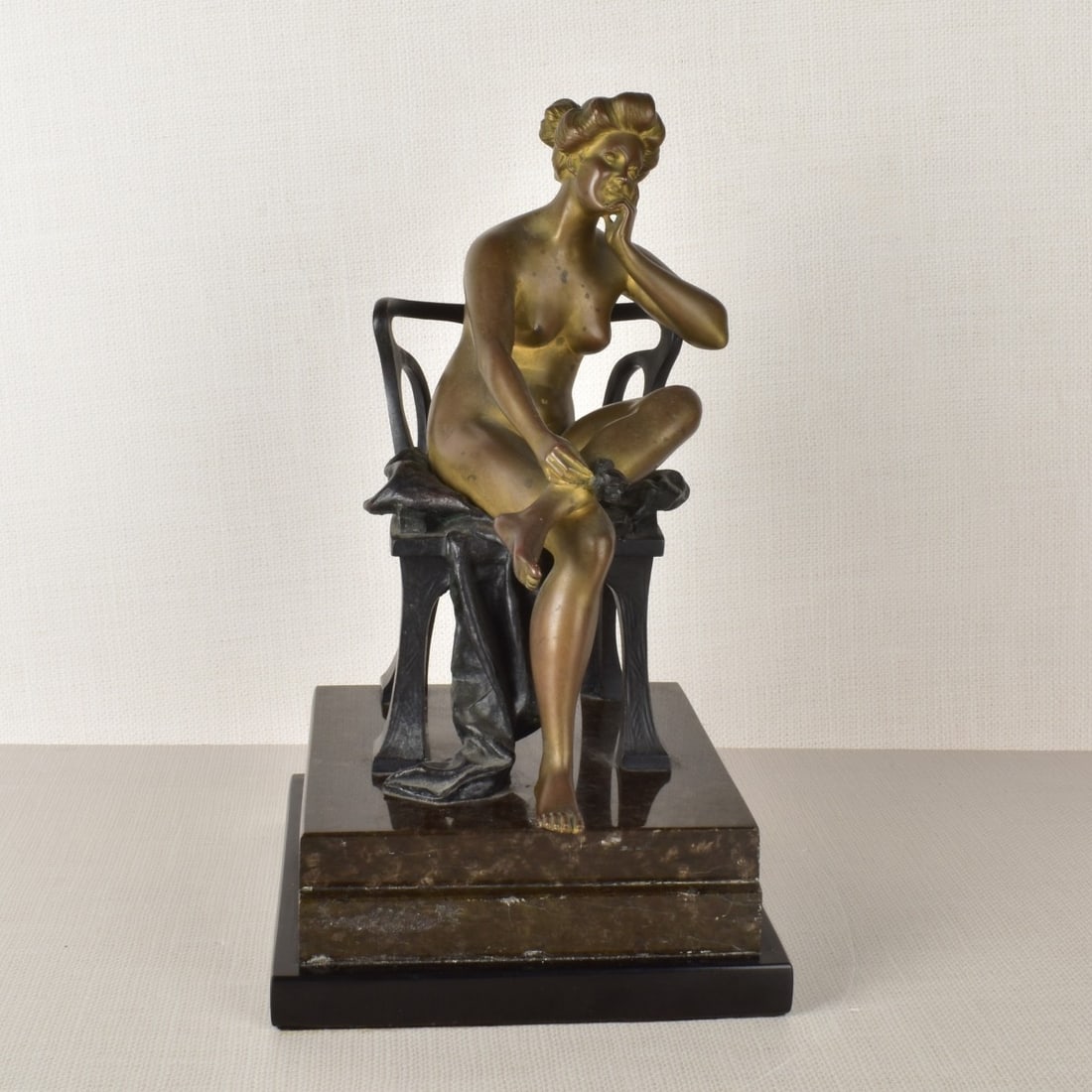 Armand Godard, (French, 1824-1887): Armand Godard, (French, 1824-1887), Art Nouveau Bronze Figurine of a Seated Woman Mounted on a Three (3) Stepped Marble Base. Incised "Godard" in the base. Kodner Galleries offers phone and absentee