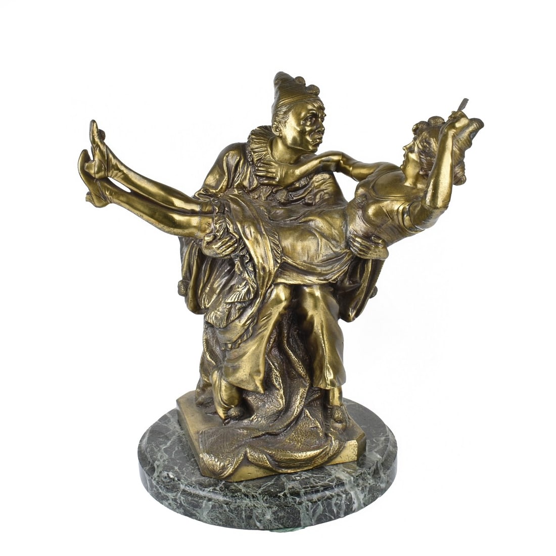Otto Rimke Sculpture: Otto Rimke Viennese Art Nouveau Gilt Bronze Sculpture of a Pierrot Holding a Lady in his arms. Signed "Rimke" in the bronze. Mounted on a round green and black marble base. Circa 1910. Measures: 14"