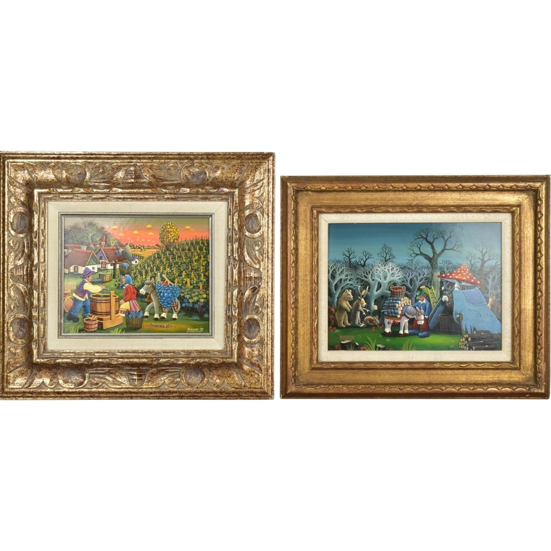 Bogdan M. Yugovic, Slavic (b. 1936): Two (2) Bogdan M. Yugovic, Slavic (b. 1936) Oil on Masonite Paintings of a Folk Scenes. Artist signed. Image area measures: 7-1/2" high, 9-1/2" wide, frame measures: 16" high, 18" wide. Kodner