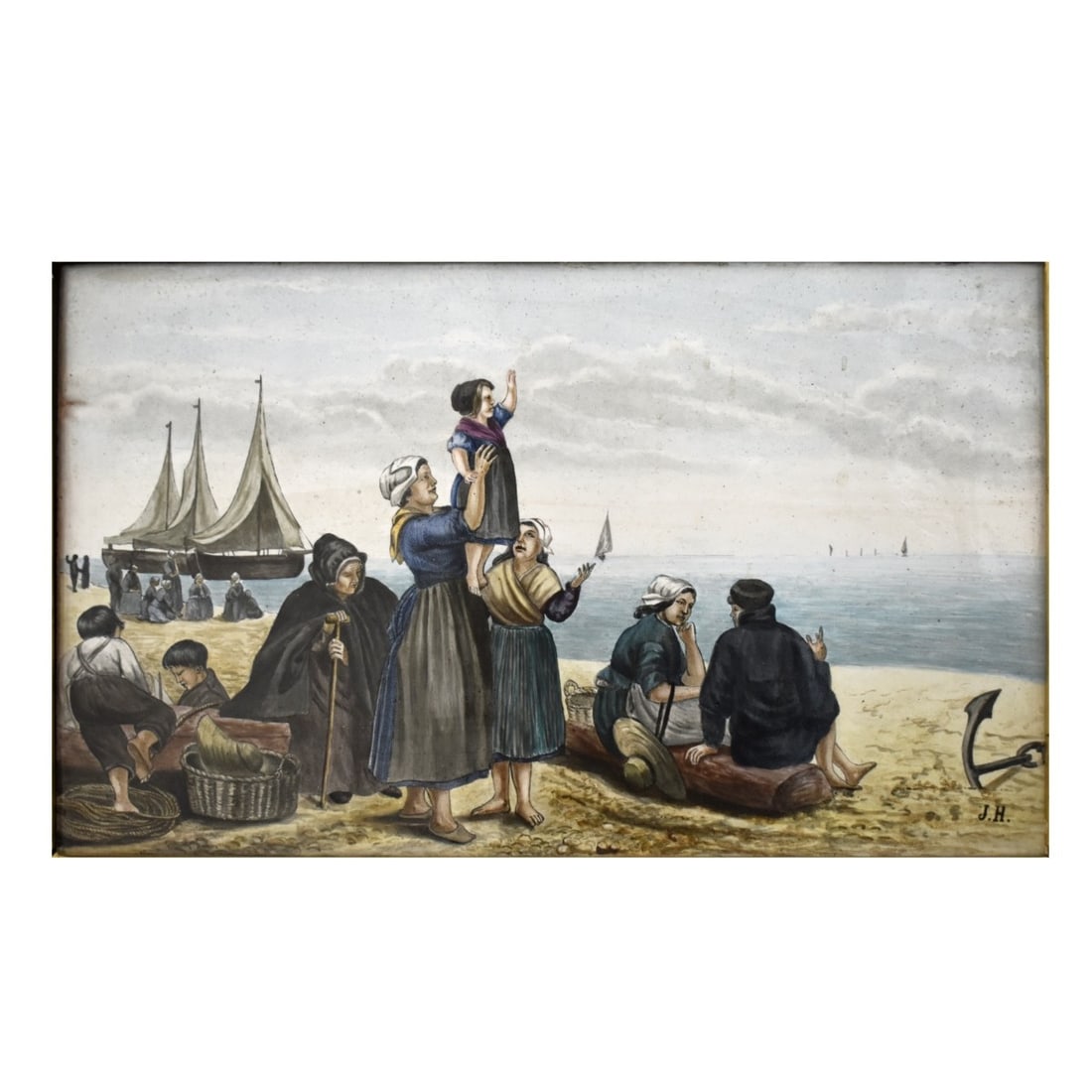 Painted Terra Cotta Tile: Painted Glazed Terra Cotta Tile Depicting an Ocean Scene with Sailing Vessels and a Gathering of People on the Beach. Artist signed bottom right-hand corner. Circa 1900. Tile measures: 7-1/4" H,