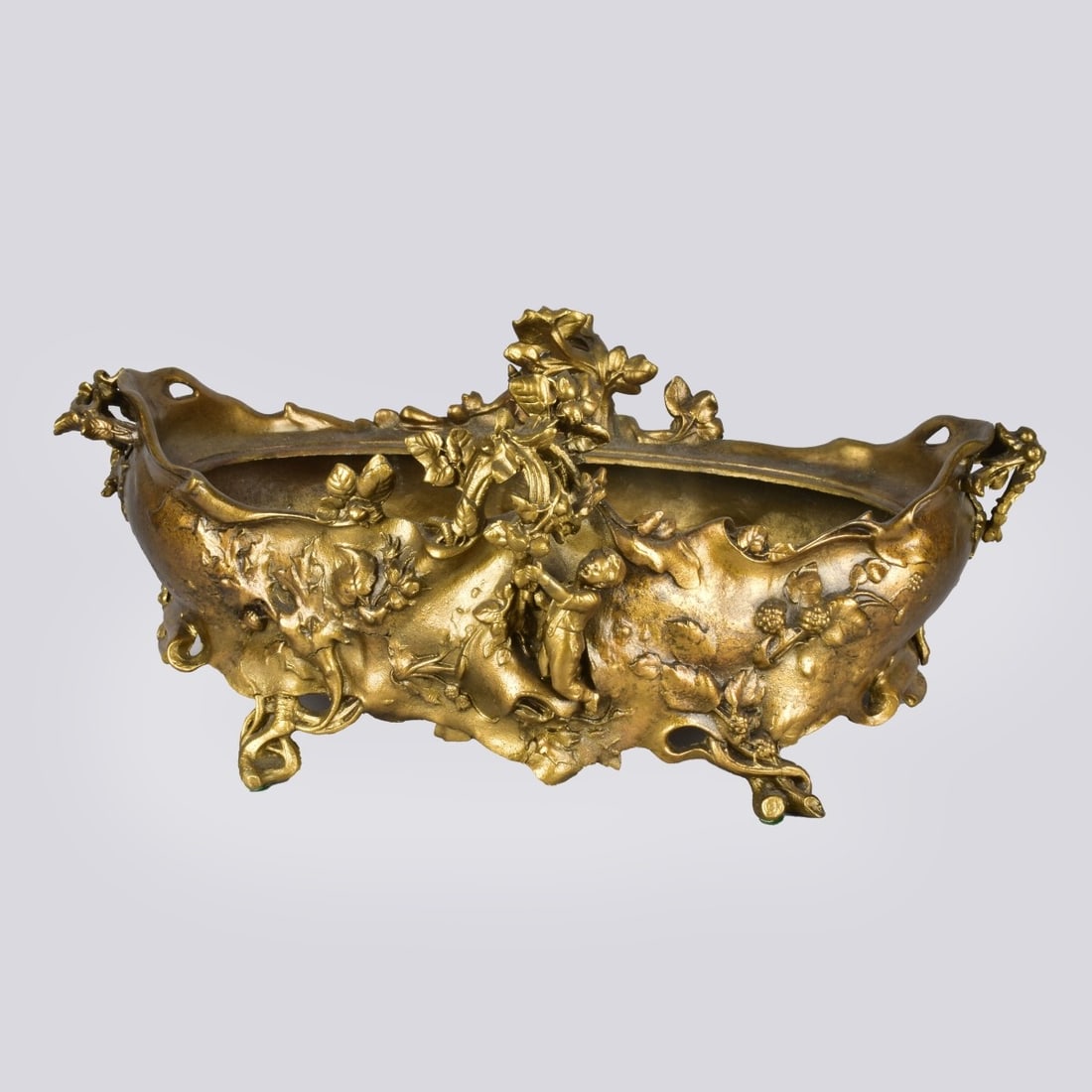 Antique French Gilt Metal Centerpiece: Antique French Gilt Metal Art Nouveau Style Centerpiece. Marked De Meyer. Measures 6-3/4" x 18" x 13". Kodner Galleries offers phone and absentee bidding at a low, flat 21% buyer’s premium without