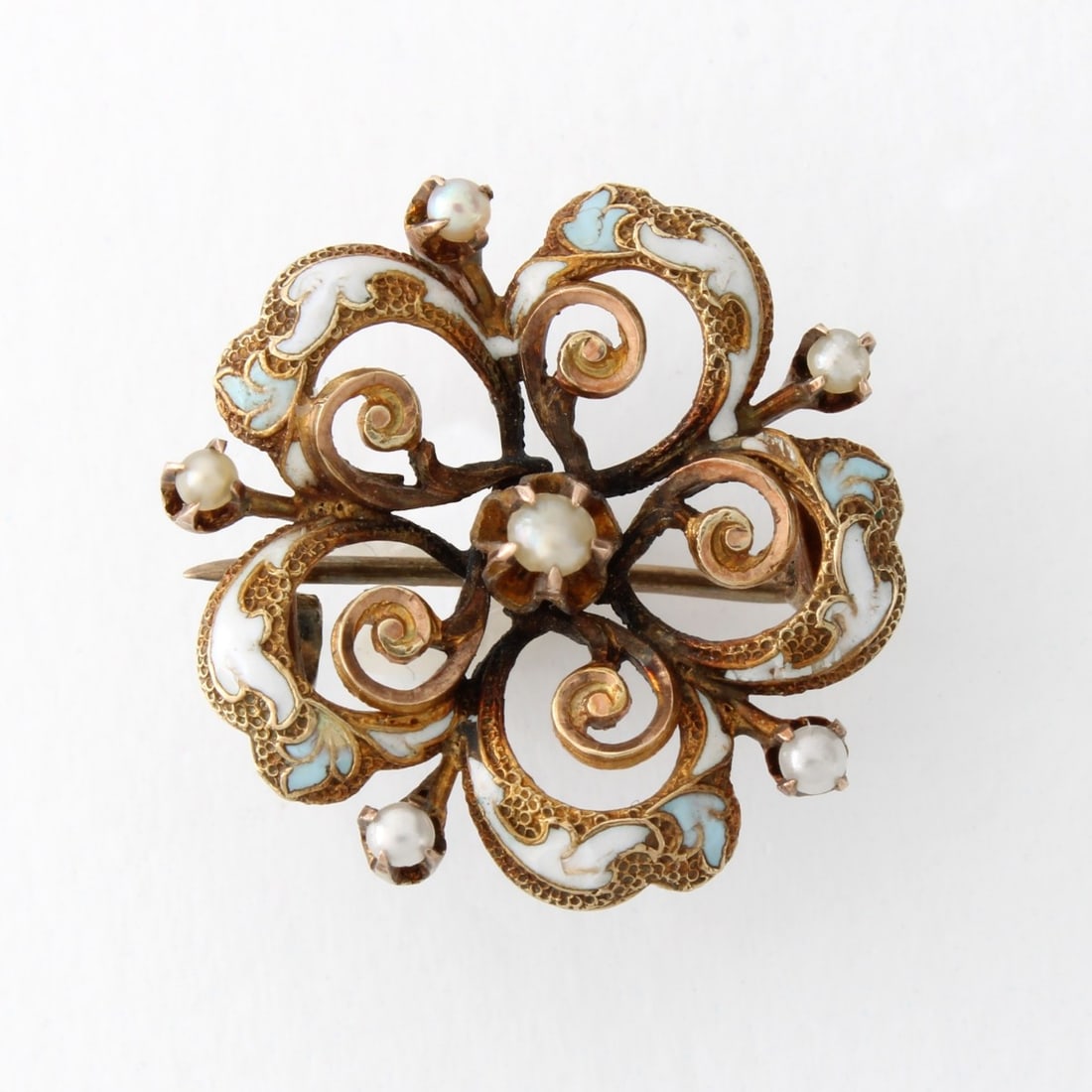 Art Nouveau 14K Pendant / Pin: Antique Art Nouveau 14 Karat Yellow Gold, Seed Pearl and Enamel Pendant Pin. Measures 3/4" diam. Approx. weight: 2.42 grams. Kodner Galleries offers phone and absentee bidding at a low, flat 21% buyer