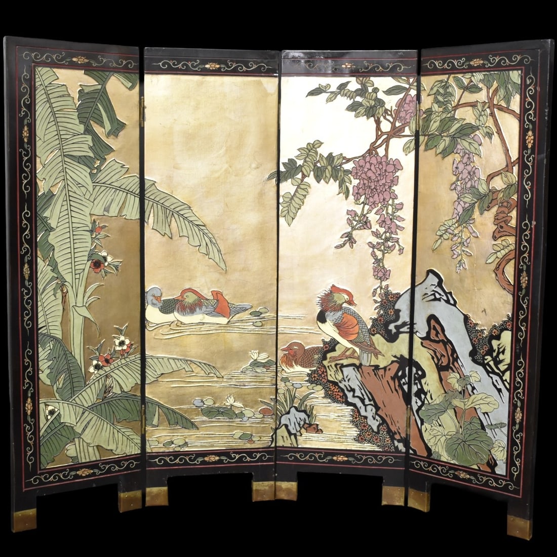 Chinese Carved Screen: Modern Chinese Carved and Painted Landscape Screen with Foliage and Ducks. When opened measures: 36-1/2" high, 42" wide. Kodner Galleries offers phone and absentee bidding at a low, flat 21% buyer’s
