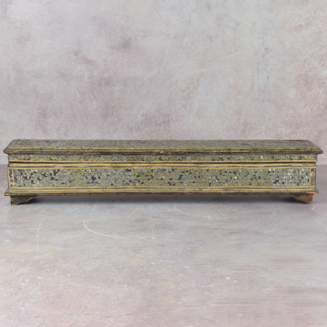 Antique Indian Rectangular Storage Box: Handcrafted Antique Indian Rectangular Storage Box with Fixed Mirror Pieces. Measures: 4-3/4" high, 24-1/2" long, 4-1/8" deep. Kodner Galleries offers phone and absentee bidding at a low, flat 21%