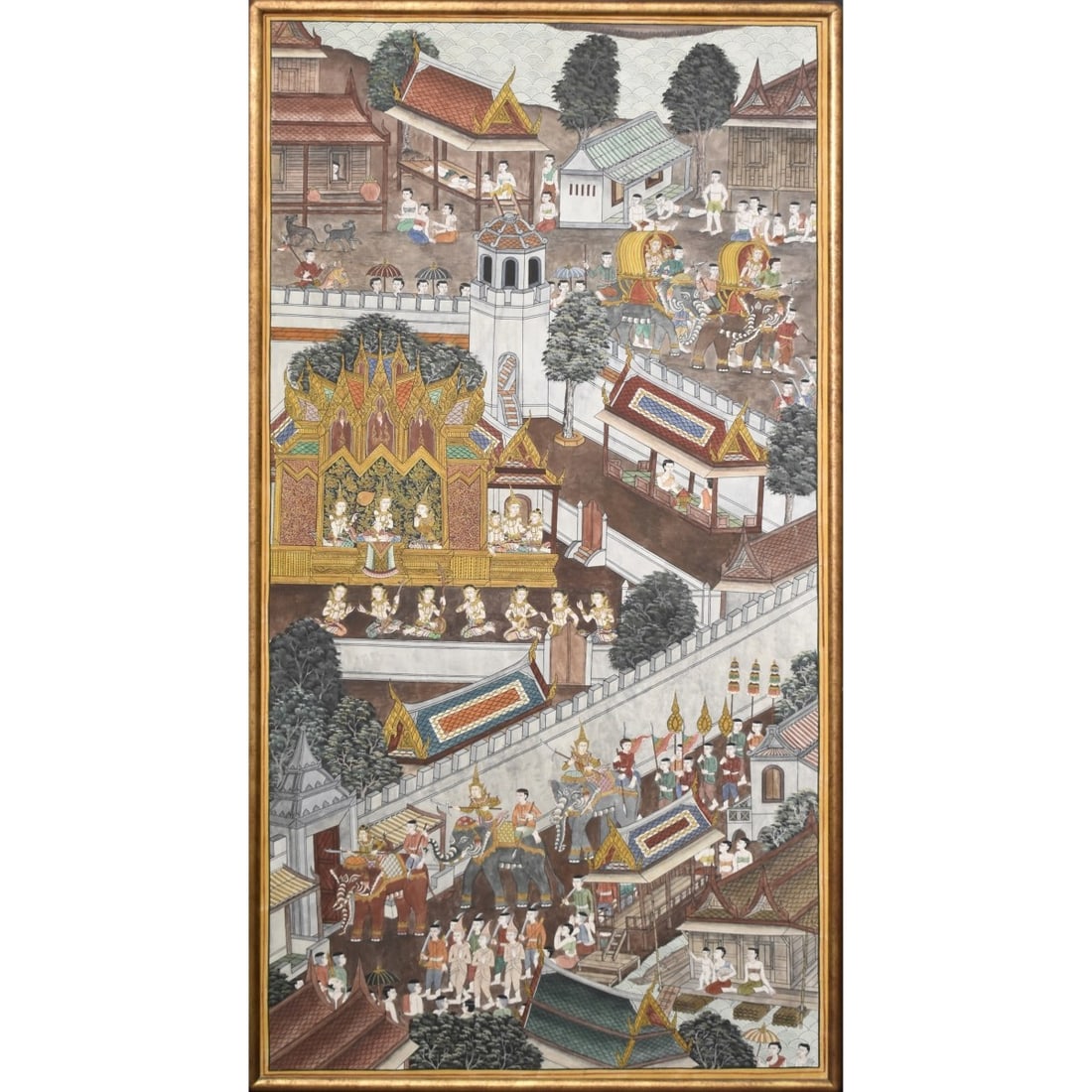 Large Thai Painting: Large Thai Painting on Mounted Fabric of a Palace Courtyard Scene. Image area measures: 64" high, 32" wide, frame measures: 67" high, 35" wide. Kodner Galleries offers phone and absentee bidding at a