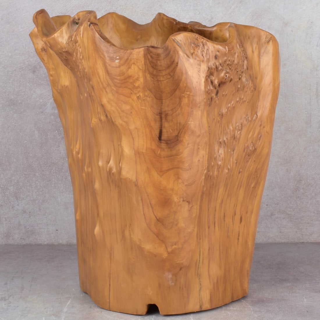 Chinese Burl Root Planter: Chinese Carved Hardwood Root Burl Wood Planter. Measures: 15" high, 12" wide, 10-3/4" deep. Kodner Galleries offers phone and absentee bidding at a low, flat 21% buyer’s premium without surcharge