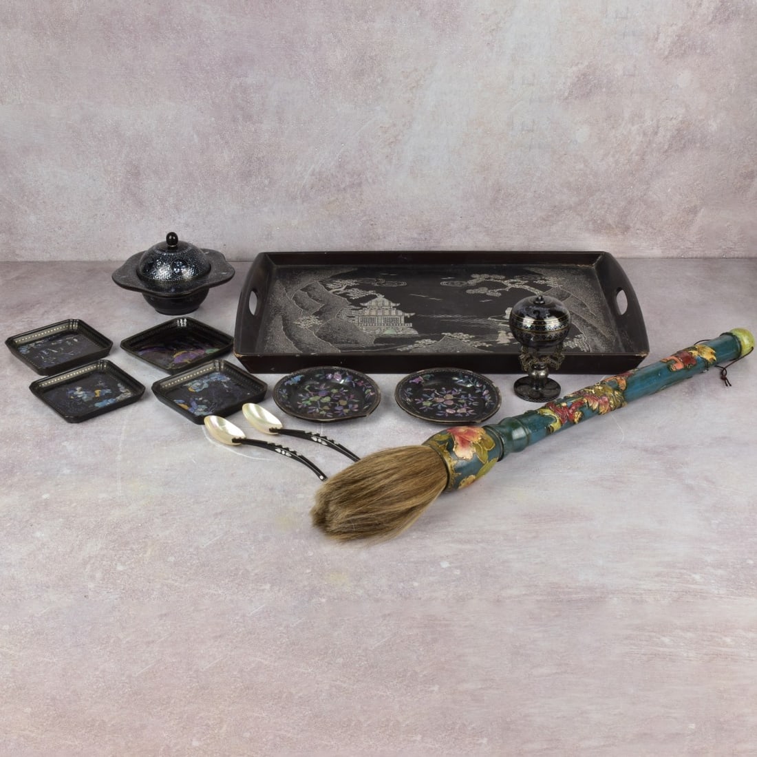 Collection of Chinese Objects: Collection of Chinese Objects. Including a large brush, measures: 24" long, covered bowl, measures: 4" high, 6" diameter, two (2) spoons, measures: 6-1/4" long, one (1) bowl with lid, measures: