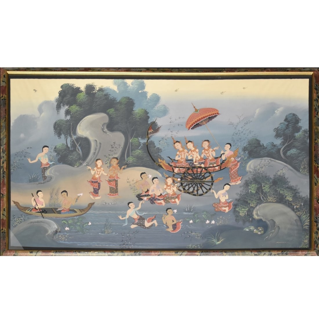 Thai Painting of a Group of Dancers: Thai Painting of a Group of Dancers Outside. Artist signed bottom right-hand corner. Image area measures: 28" high, 44" wide, frame measures: 30-1/2" high, 46-1/2" wide. Kodner Galleries offers phone