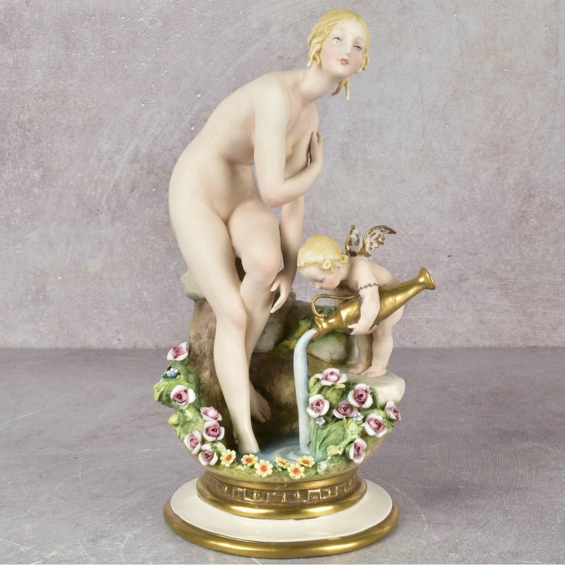 Vintage Giuseppe Cappe Capodimonte: Vintage Giuseppe Cappe Capodimonte Sculpture of Venus Bathing with Attendant. Signed to the bottom. Measures: 8-1/4" high, 4-1/2" wide, 3-1/4" deep. Kodner Galleries offers phone and absentee bidding