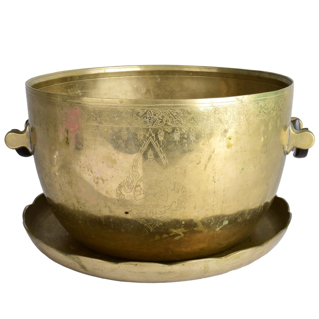 Indian Brass Bowl and Plate: Indian Brass Wood Handled Bowl with engraved scroll work to top lip and Sheva to back and front. and a Scalloped Brass Plate. Both unsigned. Bowl Measures 6-1/4" H x 10-1/4", Plate Measures 10-5/8". K