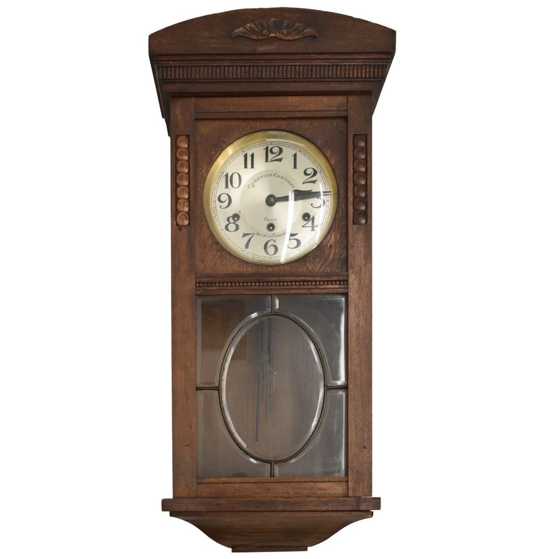 Antique French Wall Clock: Antique French Wall Clock. Dial marked ' COMPTOIR CARDINET PARIS". Pendulum and key present. Measures: 31" high, 14" wide, 7" deep. Kodner Galleries offers phone and absentee bidding at a low, flat 21