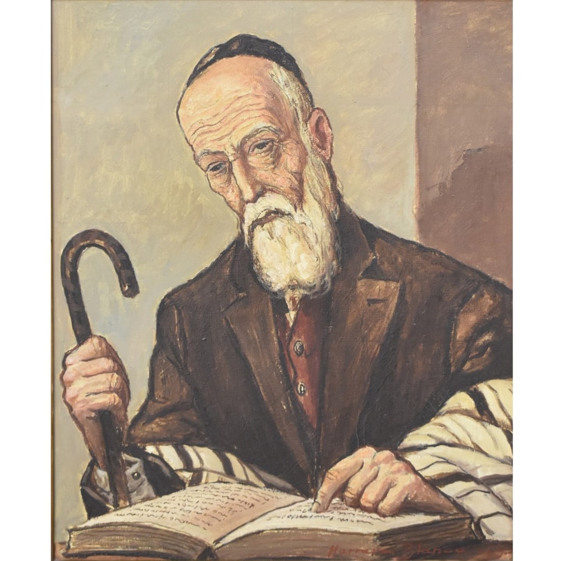 Herrera Blanco Oil on Canvas: Herrera Blanco Oil on Canvas Portrait of a Rabbi Reading While Holding a Cane In his Hand. Signed bottom right-hand corner and dated August 28, 1969. Image area measures: 19-1/2" high, 15-1/2" wide,