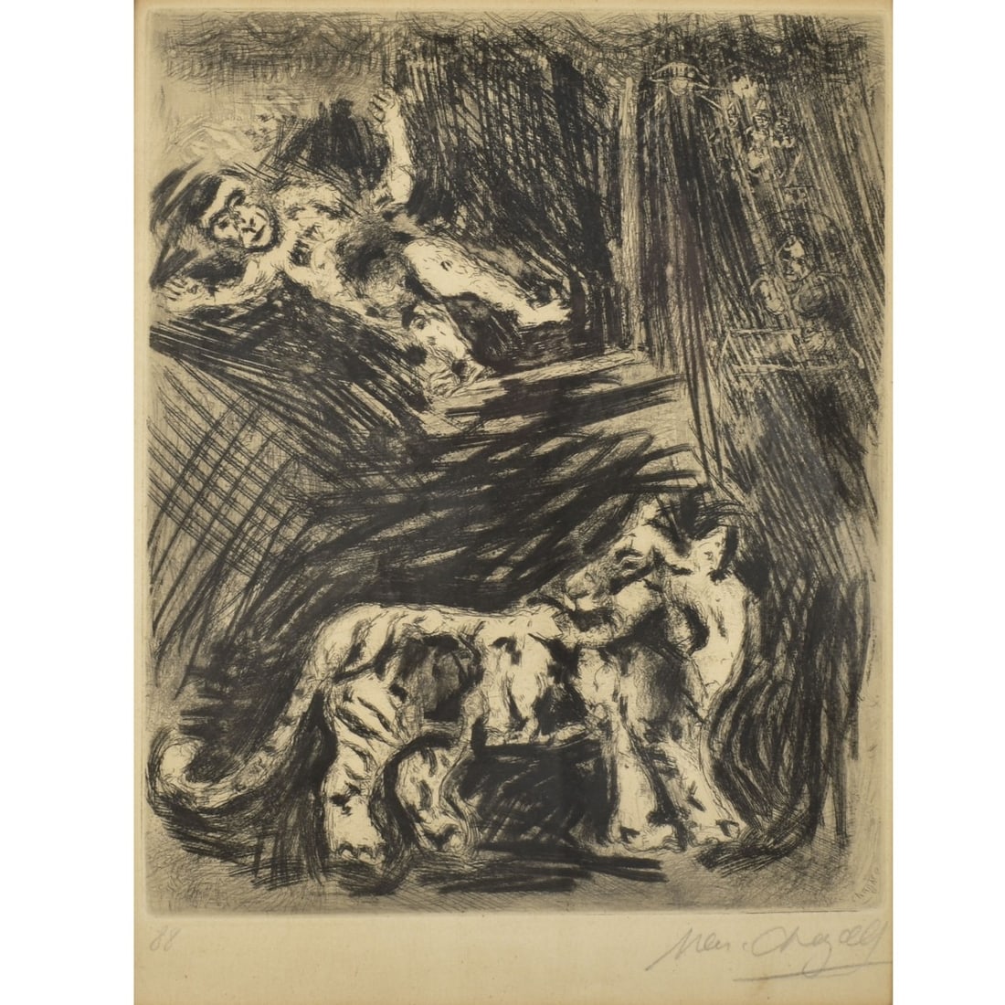 Marc Chagall, Russian/French (1887 - 1985): Marc Chagall, Russian/French (1887 - 1985) Drypoint Etching on Paper Depicting a Circus Act. Framed and signed lower right-hand corner and appears marked "88" to left-hand corner in pencil. Image area