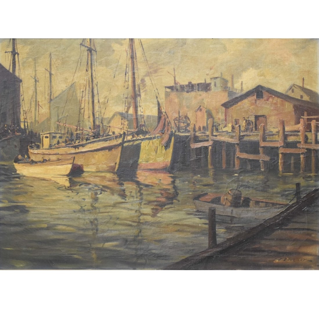 J.J. Enwright, American (1911-2001): J.J. Enwright, American (1911-2001) AKA: H. Cappy Amundsen, Gloucester Harbor Scene Oil on Canvas Signed "J.J. Enwrigh" bottom right hand corner. Image area measures: 21-1/2" high, 37-1/2" wide,